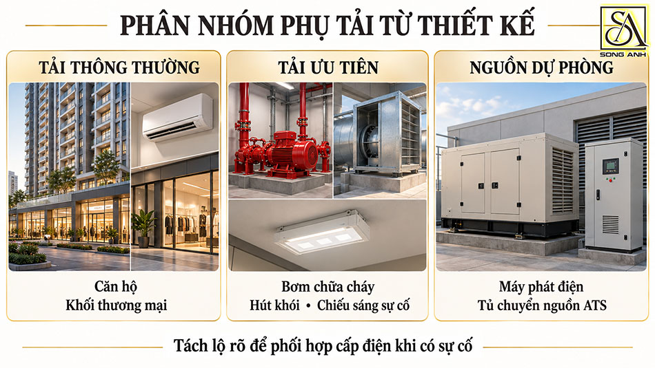 Phân nhóm tải thông thường, tải ưu tiên và nguồn điện dự phòng
